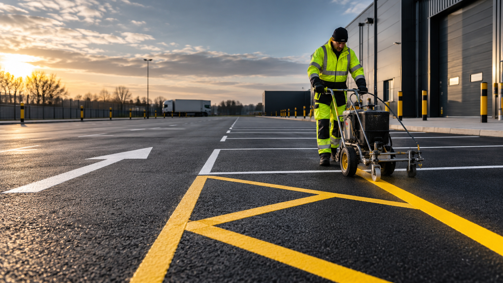 Worker painting fresh line markings on an industrial site.